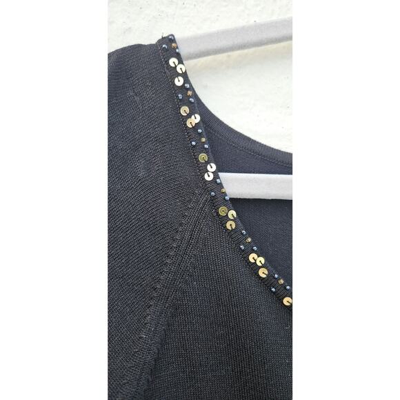 Muse Vintage 90s Top Womens 8 Med Black Silk Nylon Stretch V Neck Sequin Shirt - Picture 12 of 16